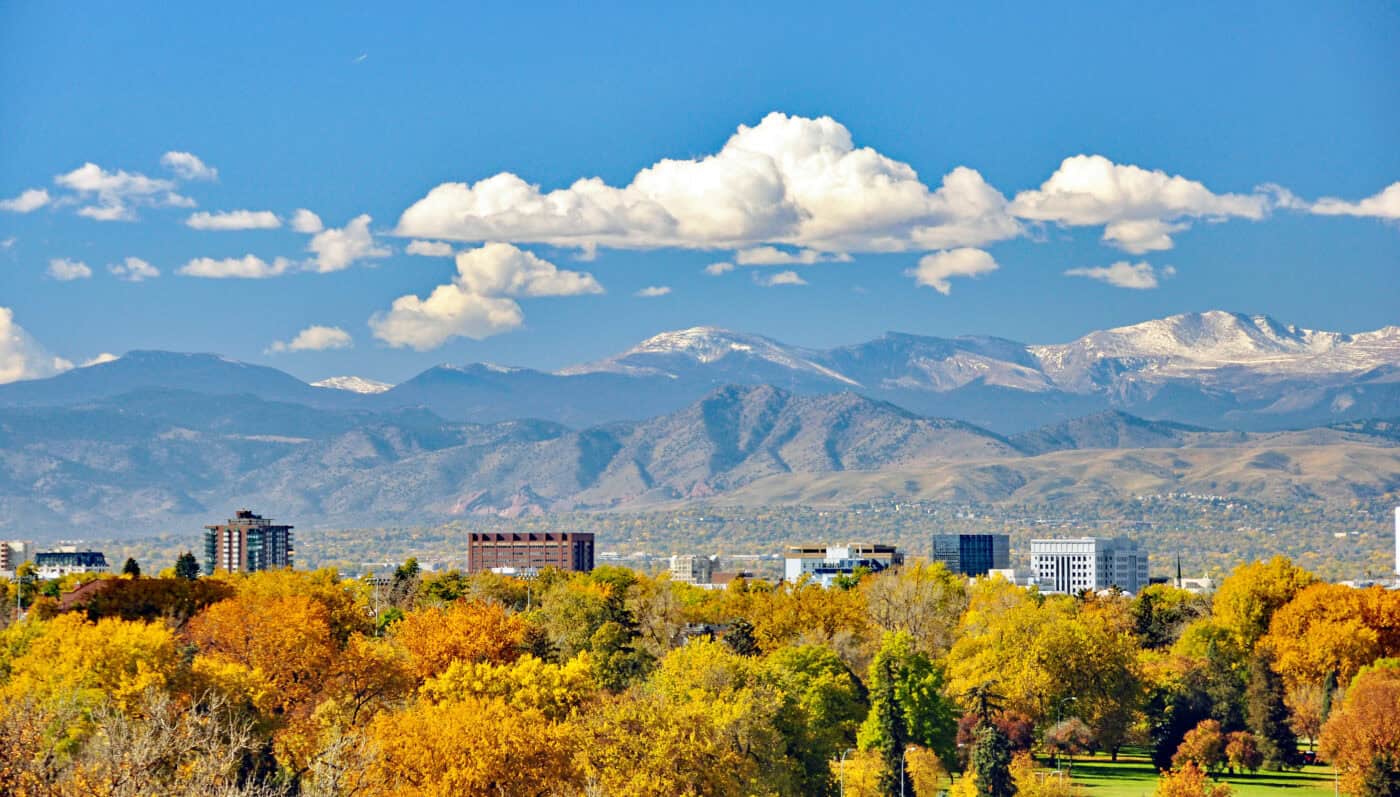 Denver skyline with the Front Range behind it