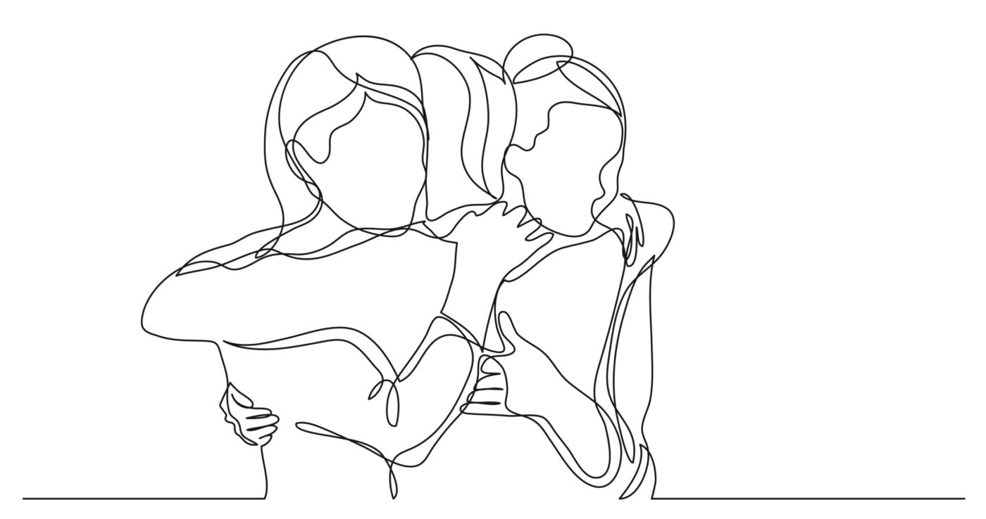 three female friends greeting hugging each other - one line drawing