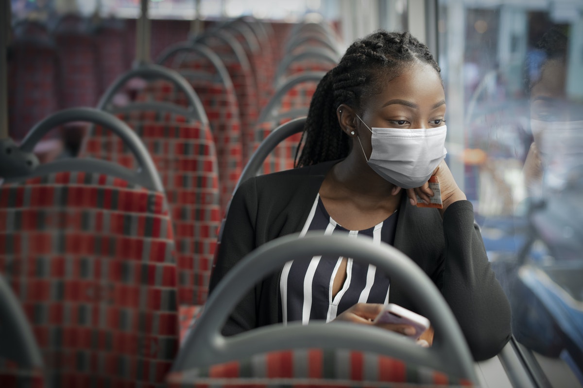 woman riding on the bus wearing a mask,covid-19,pandemic