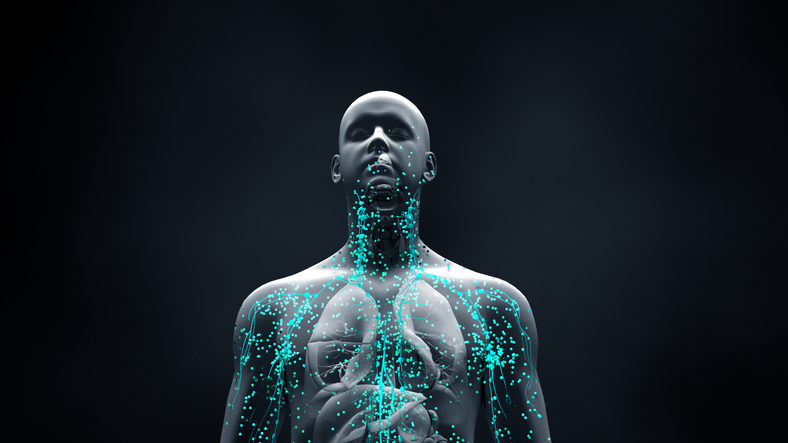 Illuminated scan of human body part made of data and particles