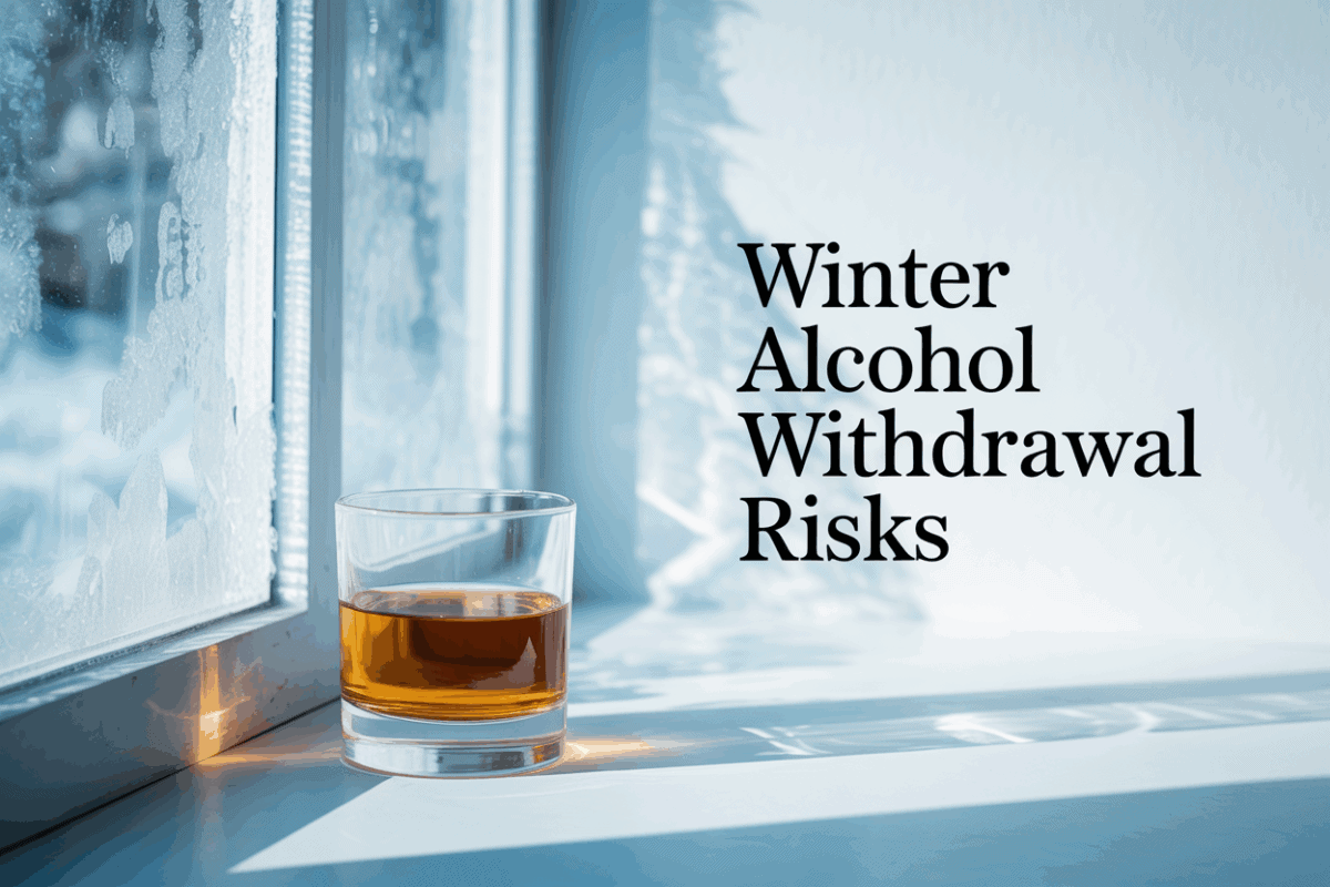 A glass of alcohol fading into shadow near a cold winter window, symbolizing withdrawal risk during the season.