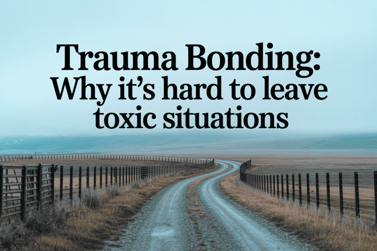 Colorado ranch dirt road where two fence lines gradually separate into open land, illustrating trauma bonding and difficulty leaving unsafe relationships.