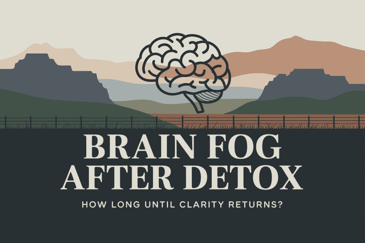 Minimalist Colorado mountain graphic titled Brain Fog After Detox How Long Until Clarity Returns, symbolizing cognitive recovery and neurological healing after substance withdrawal.