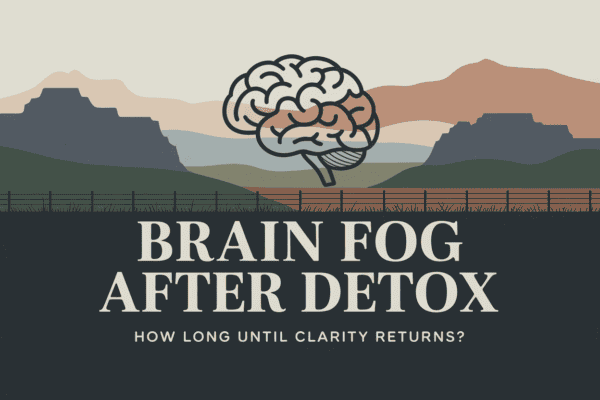 Minimalist Colorado mountain graphic titled Brain Fog After Detox How Long Until Clarity Returns, symbolizing cognitive recovery and neurological healing after substance withdrawal.