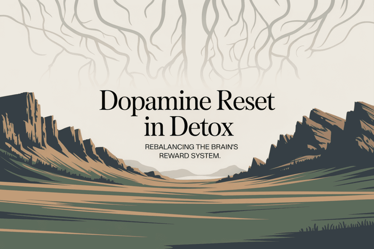 Colorado alpine mountain graphic titled Dopamine Reset in Detox Rebalancing the Brain’s Reward System, representing low-stimulation recovery and dopamine recalibration.