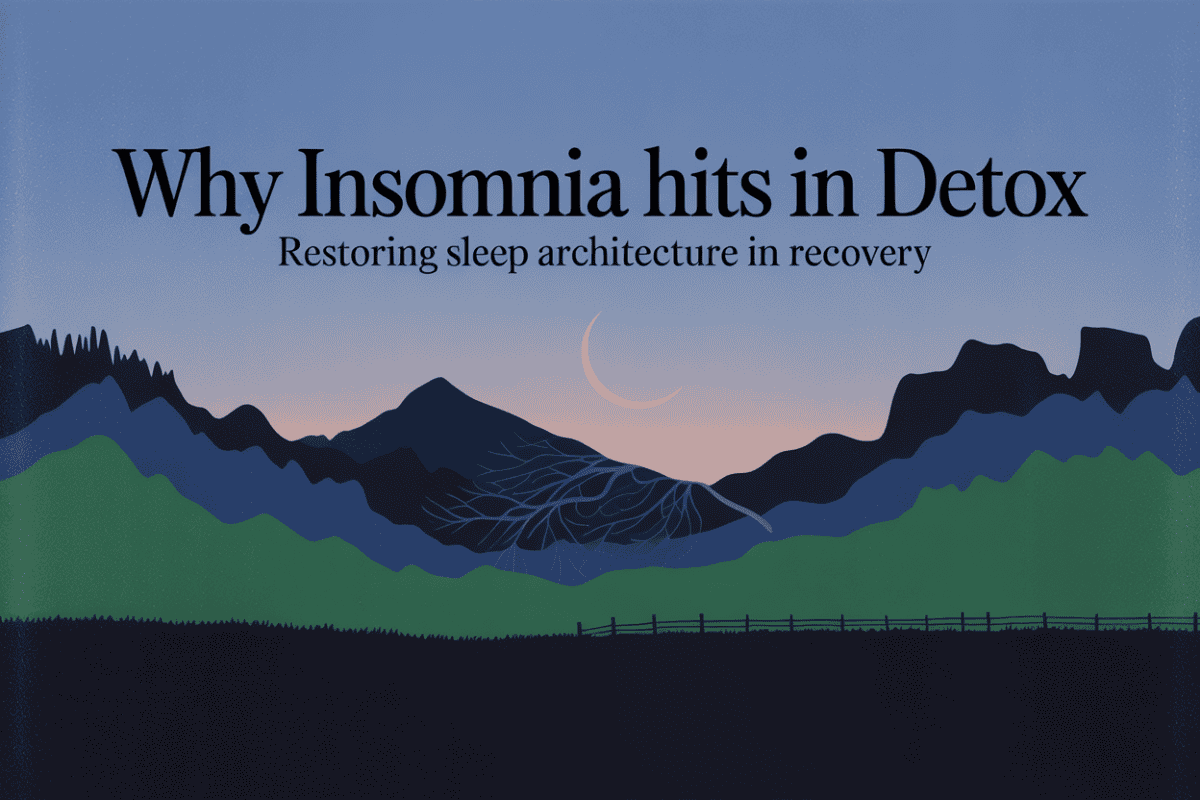 Colorado mountain night landscape titled Why Insomnia Hits in Detox Restoring Sleep Architecture in Recovery, symbolizing circadian rhythm repair during medical detox.