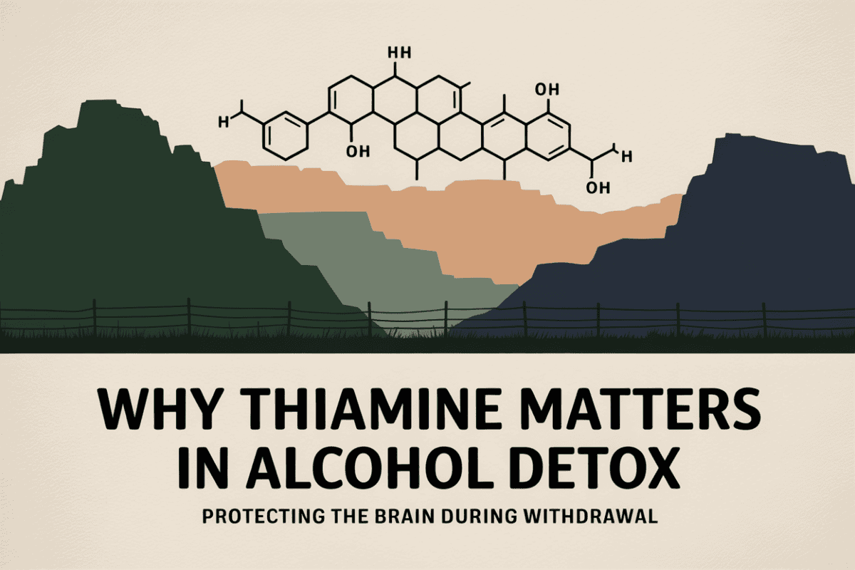 Colorado mountain landscape graphic titled Why Thiamine Matters in Alcohol Detox Protecting the Brain During Withdrawal, symbolizing vitamin replenishment and neurological protection.