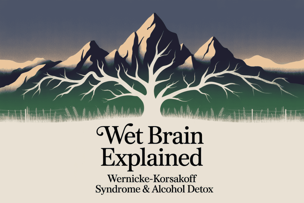 Colorado alpine mountain graphic titled Wet Brain Explained Wernicke-Korsakoff Syndrome and Alcohol Detox, representing thiamine deficiency and alcohol-related brain injury prevention.