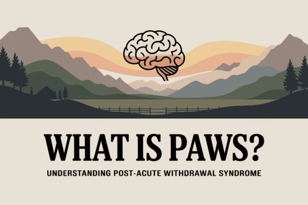 Colorado mountain landscape graphic with the title What Is PAWS Understanding Post-Acute Withdrawal Syndrome, representing neurological healing during early recovery and medical detox stabilization.