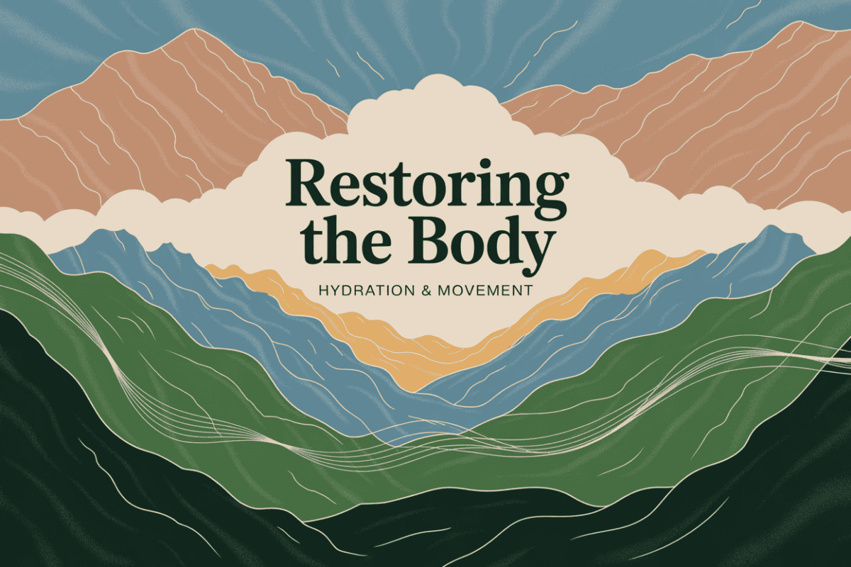 Colorado mountain landscape graphic titled Restoring the Body Hydration and Movement, representing physical recovery and healing after alcohol detox.