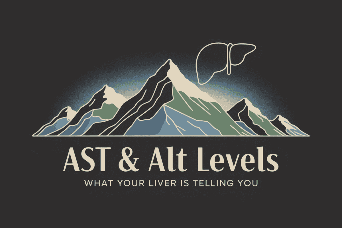 Colorado mountain landscape graphic titled AST and ALT Levels What Your Liver Is Telling You, representing alcohol-related liver damage and early warning signs in bloodwork.