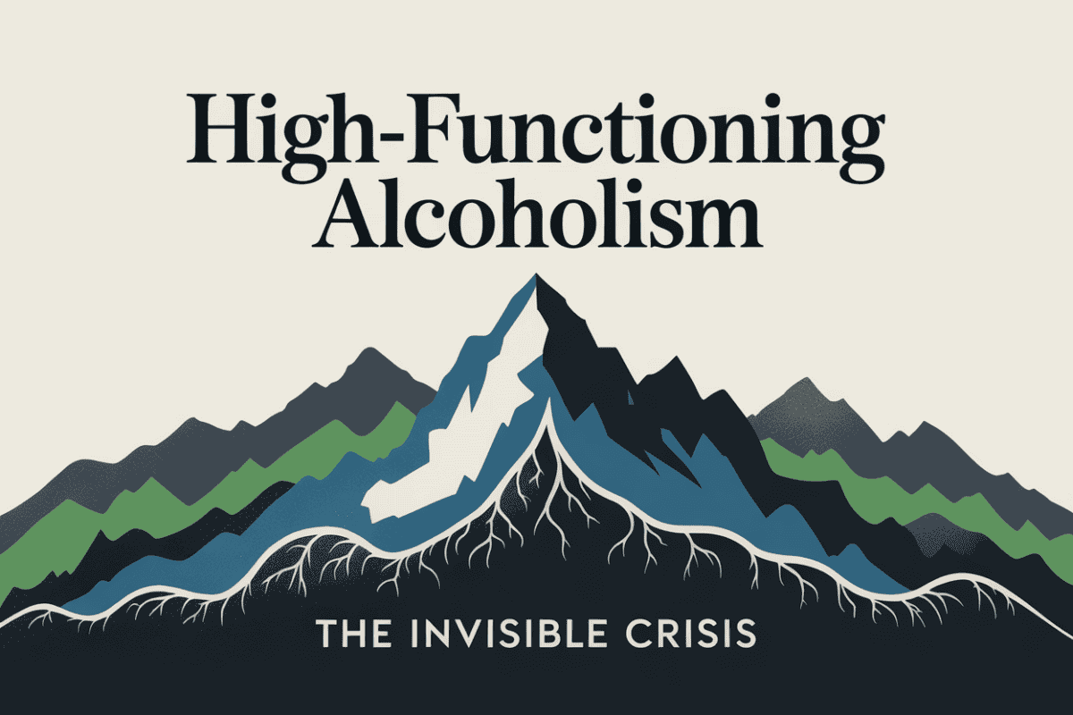 Colorado mountain landscape graphic titled High-Functioning Alcoholism The Invisible Crisis, representing hidden alcohol dependence despite outward stability.