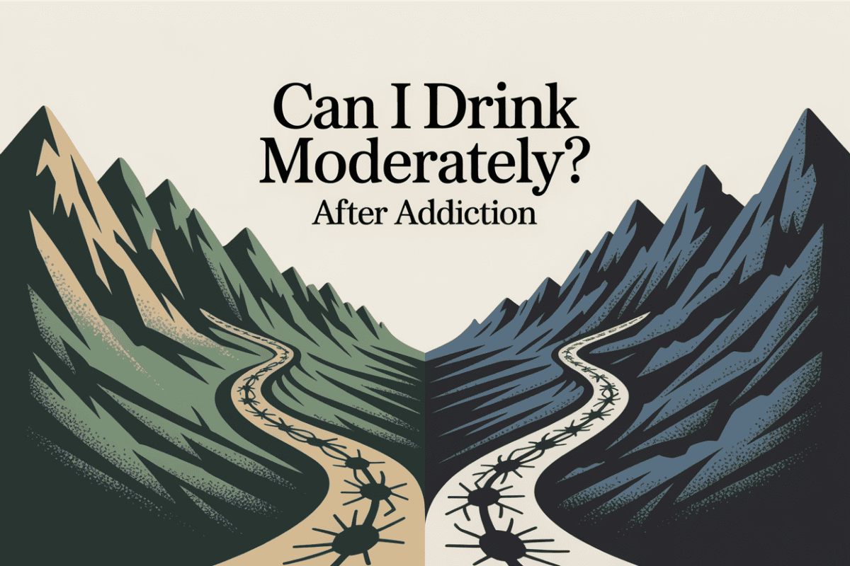 Colorado mountain landscape graphic titled Can I Drink Moderately After Addiction, representing relapse risk and decision-making in alcohol recovery.