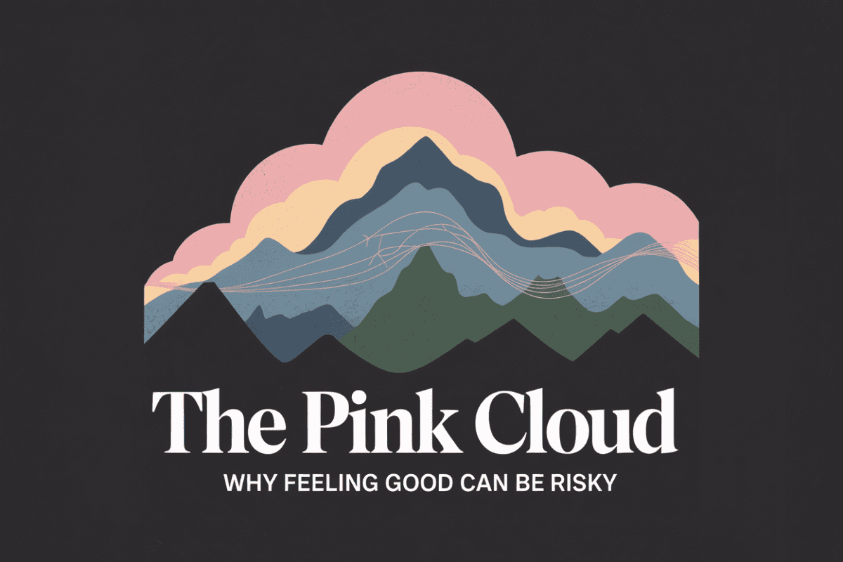 Colorado mountain landscape graphic titled The Pink Cloud Why Feeling Good Can Be Risky, representing early recovery overconfidence and relapse risk after detox.