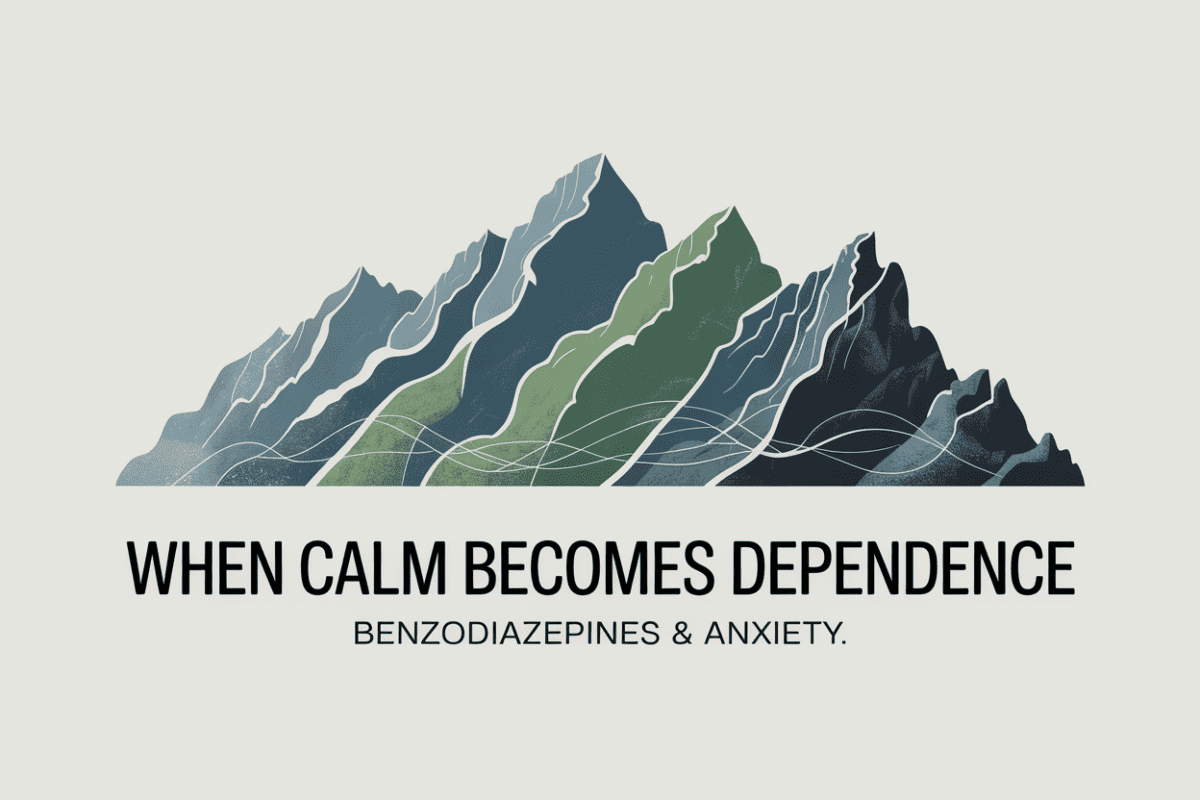 Colorado mountain landscape graphic titled When Calm Becomes Dependence Benzodiazepines and Anxiety, representing reliance on anxiety medication and the need for detox.