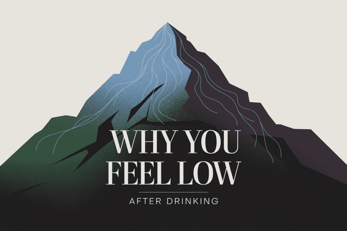Colorado mountain landscape graphic titled Why You Feel Low After Drinking, representing the emotional and chemical drop caused by alcohol use.