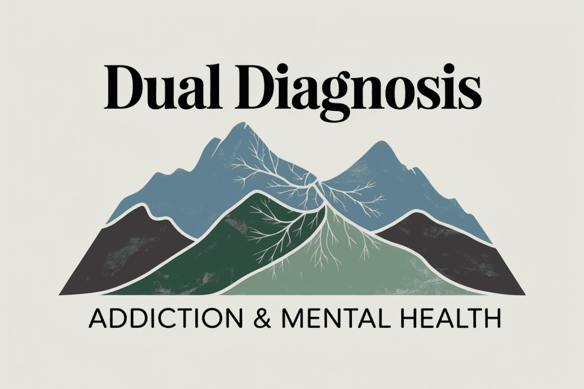 Colorado mountain landscape graphic titled Dual Diagnosis Addiction and Mental Health, representing the connection between substance use and mental health conditions.