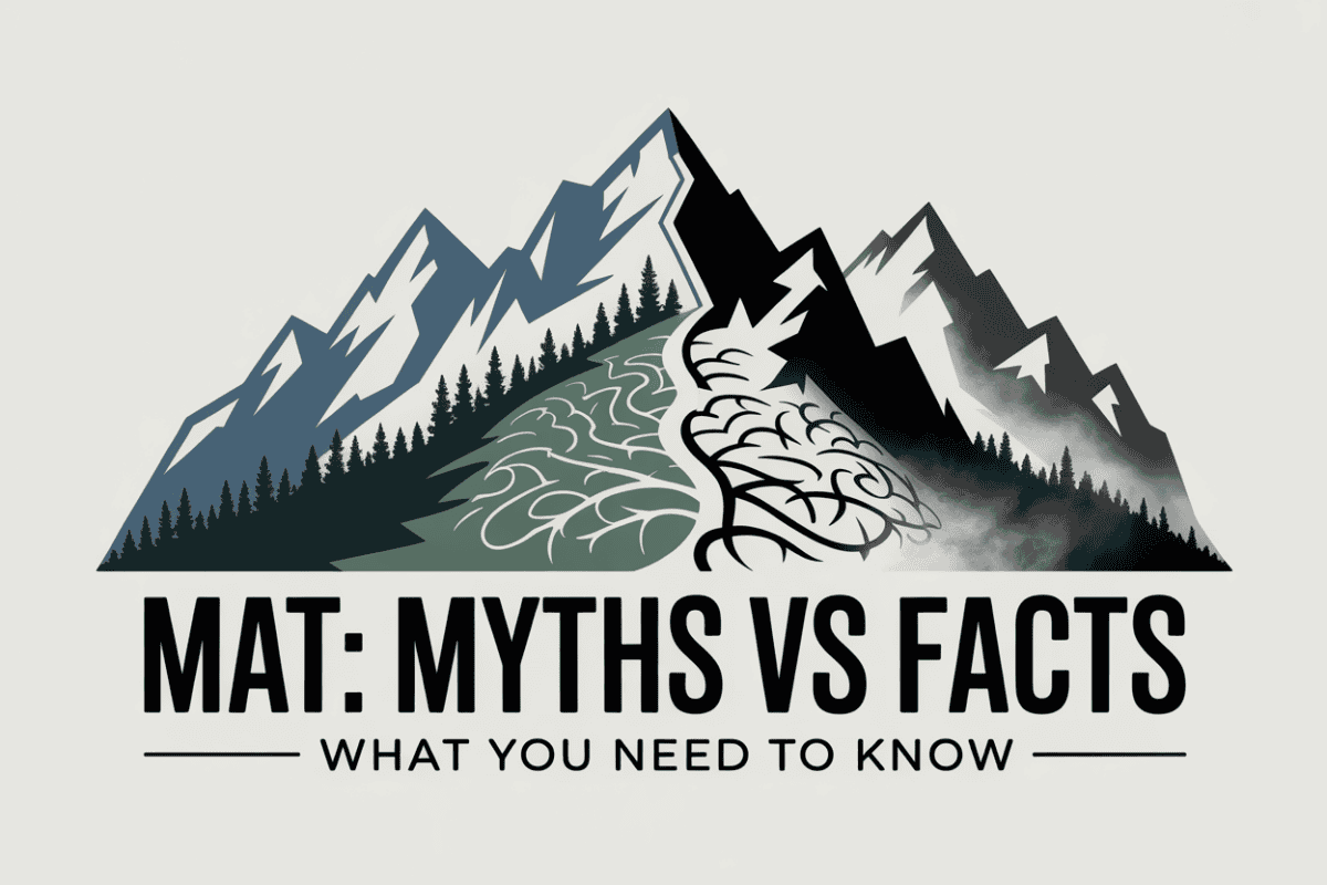 Colorado mountain landscape graphic titled MAT Myths vs Facts What You Need to Know, representing clarity around medication-assisted treatment in addiction recovery.