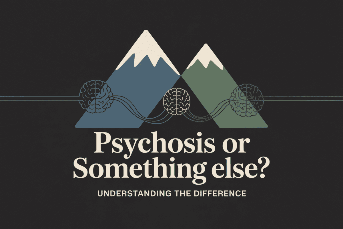Colorado mountain landscape graphic titled Psychosis or Something Else Understanding the Difference, representing the distinction between substance-induced psychosis and schizophrenia.