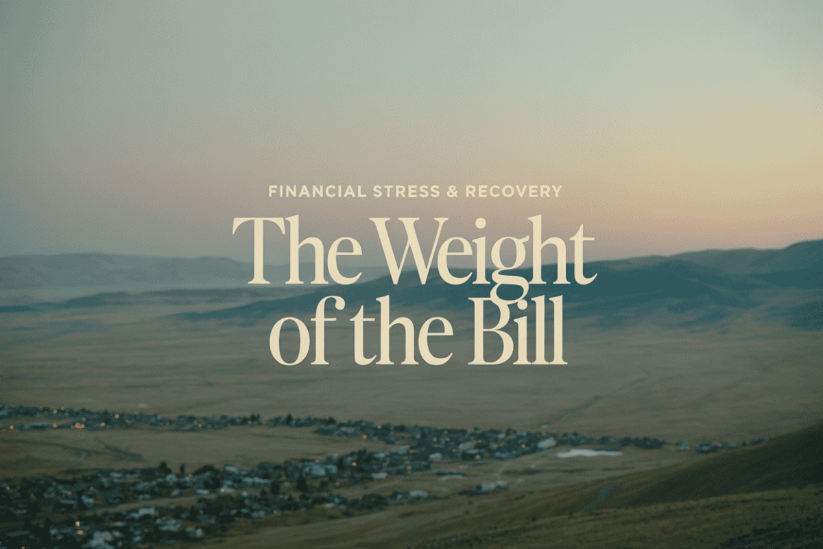Scenic landscape with overlay text about financial stress and recovery.