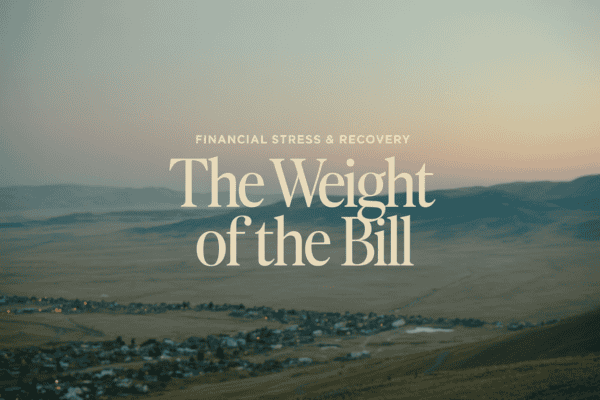 Scenic landscape with overlay text about financial stress and recovery.